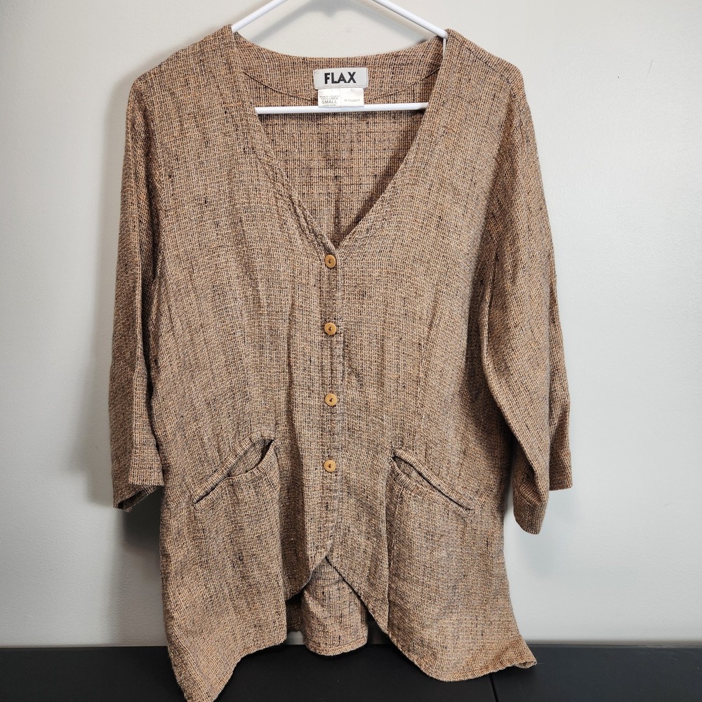 FLAX 100% Linen Long Button Cardigan Lagenlook Brown Sz Small Minimalist Natural